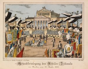 Colocação da pedra fundamental do monumento Schiller na Gendarmenmarkt, Berlim, 10 de novembro de 1859, com o Schauspielhaus ao fundo, da Neuruppiner Bilderbogen, publicado pela Oehmigle & Ri de German School