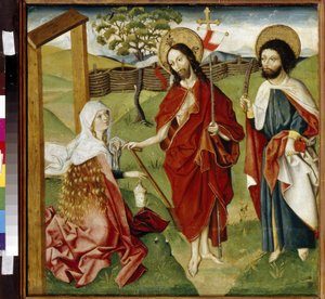 Cristo, Maria Madalena e São Bartolomeu. Talvez uma representação de "Noli me tangere": a visão do Cristo ressuscitado a Santa Maria Madalena. Jesus Cristo segurando um drapeado de German School