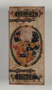 Tampa da caixa de parafusos de besta pertencente ao Príncipe Otto von Hesse, 1615 (madeira pintada) (ver também 312140-43)