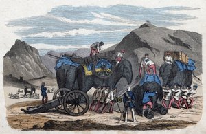 A carregar elefantes para a viagem do Sr. Bock a Dresden. Em "Wenn Jemand eine Reise thut, so kann erzahlen" (Quando alguém viaja, é isto que ele pode contar), conto alemão de Franz Wiedemann de German School