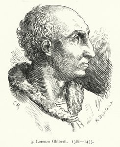 Lorenzo Ghiberti, artista florentino do início da Renascença que desenhou as portas de bronze do Baptistério de Florença (gravura) de German School