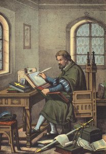 Lutero disfarçado de Junker Jorg em Wartburg tradução do Novo Testamento (chromolitho) de German School