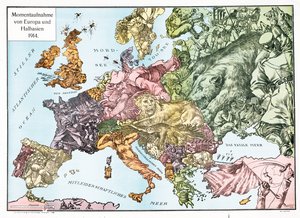 Mapa da Europa em 1914, pub.1915 (litografia a cores) de German School