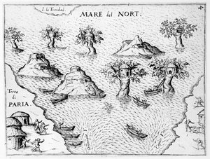 Mapa da costa da Guiana, ilustração de Regni Guianae por G. Raleigh
