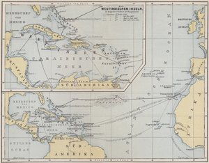 Mapa mostrando as viagens de Cristóvão Colombo, 1492-1504 de German School