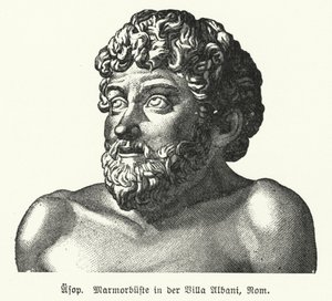 Busto de mármore de Esopo (c620-564 a.C.), antigo fabulista grego (litho) de German School