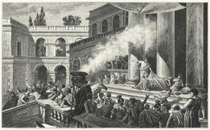 Marco António precipita um motim com a sua oração no funeral de Júlio César, 44 a.C. (gravura) de German School