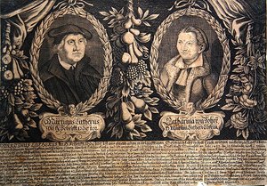 Martin Luther e sua esposa Katharina von Bora (gravura) de German School