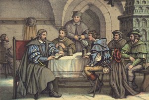 Martin Luther em conversa com estudantes no Gasthof der Baren, Jena (chromolitho) de German School