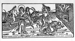 Martírio de São Policarpo de Esmirna (ca. 69-155), eveque. Gravura do "Leben der Heiligen - Sommerteil (livro do santo)" de Jacobus (Tiago) de Voragine (1228-1298) de German School