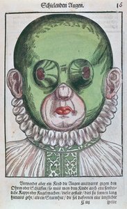 Máscara para tratar um estrabismo, de Ophthalmodouleia por Georg Bartisch (1535-1636) publicado em Dresden em 1583 (impressão em xilogravura a cores) de German School