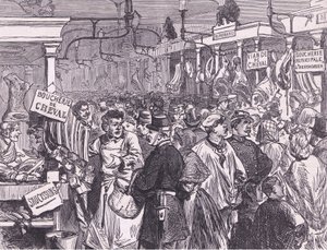 Mercado de carne em Paris, Cassells History of the War between France and Germany publicado por Cassell and Company Limited, c.1890 (litho) de German School