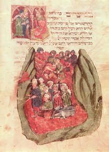 Moisés conduz os Filhos de Israel através do Mar Vermelho a partir de um Livro de Oração Judaico, Hamburgo, 1427 (manuscrito) de German School