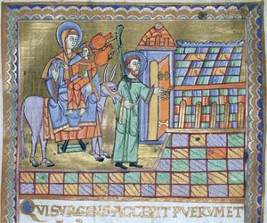 Ms. Czart. 1207 IV, fol.6r A fuga para o Egito, do Evangeliarium da Catedral de Plock, c.1075 de German School