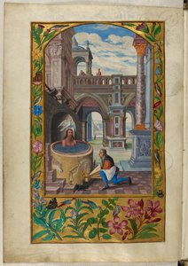 Sra. Harley 3469, f.21v Homem a tomar banho num pátio, a Sétima Parábola, de 