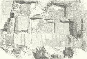 Inscrições em rocha multilingues no Monte Behistun (gravura) de German School