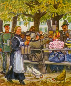 Munchener Sommerkeller / Adega de verão de Munique (litografia a cores) de German School