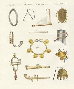 Instrumentos musicais dos antigos - assobios, chocalhos e címbalos de German School