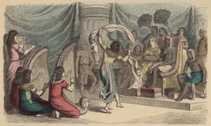 Músicos e dançarinos que actuam perante o Faraó no Antigo Egipto (gravura a cores) de German School