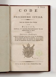 Código Napoleônico de processo civil para os departamentos franceses da margem esquerda do Reno, aberto na página de título, Koln, 1809 (impresso) de German School