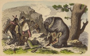 Nativos americanos caçando ursos (gravura colorida) de German School
