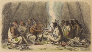 Nativos americanos das tribos Fox e Raven fumando o cachimbo da paz (gravura colorida) de German School