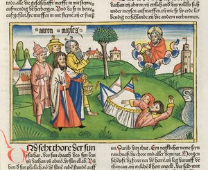 Números 16 32 A Terra engole os rebeldes Dathan e Abiram, da Bíblia de Nuremberg (Biblia Sacra Germanaica) (xilogravura colorida)