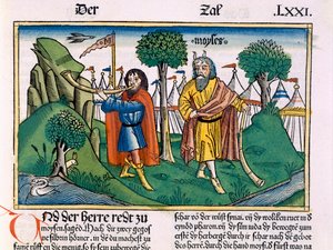 Números 2 As designações do acampamento dos israelitas, da Bíblia de Nuremberg (Biblia Sacra Germanaica) (xilogravura colorida)