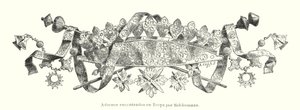 Ornamento encontrado pelo arqueólogo alemão Heinrich Schliemann durante suas escavações do local da antiga Tróia (litho) de German School