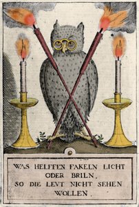 Coruja com óculos, símbolo de sabedoria. Gravura do "Amphitheatrum sapientiae aeternae". (Anfiteatro da sabedoria eterna) (Hamburgo: n.n. de German School