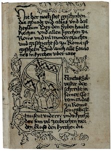 De uma cópia alemã de &39;A Roma maravilhosa, história e descrição de Roma&39; Pseudo-Giles Roman, possivelmente publicado por Ulrich Han, Roma, c.1475 (xilogravura e caneta e tinta sobre pergaminho) de German School