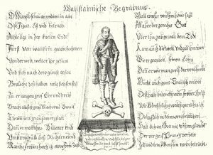 Folheto emitido em memorando do líder militar boémio assassinado Albrecht von Wallenstein (gravura) de German School