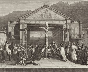 Jogo de paixão em Oberammergau, Baviera, Alemanha. Ilustração para Bilder-Atlas (gravura) de German School