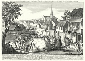 Camponeses atacando o balão de Jacques Charles e os Irmãos Robert depois de este ter descido em Gonesse, 27 de Agosto de 1783 (gravura) de German School