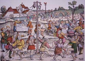 Camponeses a dançar (gravura colorida à mão) de German School