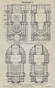 Plantas do Teatro Real, Wiesbaden e do Teatro Municipal, Rostock, Alemanha (gravura) de German School