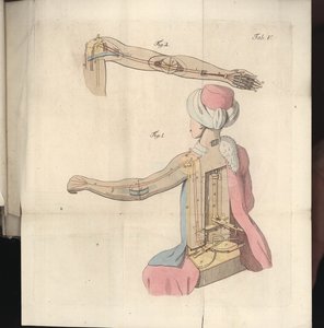 Placa V, de Sobre o jogador de xadrez do Senhor de Kempelen e sua réplica, publicado por Joseph Friedrich Freiherr von Racknitz, Leipzig e Dresden: Jo. Gottl. Breitkopf, 1789 (gravura a cores de German School