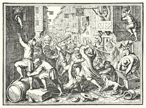 Pilhagem do Judengasse, o gueto judeu de Frankfurt, no Levante de Fettmilch, 1614 de German School