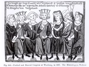 Congresso Poético e Musical, Wartburg, 1207, ilustração da Ciência e Literatura da Idade Média e do Renascimento, escrito e gravado por Paul Lacroix, 1878 de German School