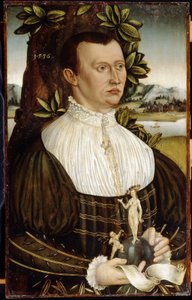 Retrato de um Homem (Retrato de um Homem). Vestido com um traje elegante, ele segura nas mãos uma fita branca e um globo no qual um anjo atira uma flecha em direção a uma mulher nua, adornada com um colar e um chapéu desenhado. Pintura de um mestre alemão  de German School