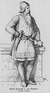 Retrato de Frederic I de Hauhenstaufen conhecido como Frederic Barberousse (1122-1190), Imperador Romano Alemão. Gravura em "Kaiser, Konig und Papft", de Richard Roth de German School