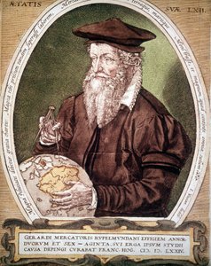 Retrato de Gerhard Kremer dit Gerardus Mercator (1512-1594). Falso título da primeira edição do Atlas. de German School