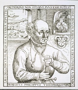 Retrato de Theothrastus Paracelsus (1493-1541), cópia de uma ilustração de seu livro Astronomica et Astrologica de Pouscula, Cologne 1567, usado em uma História da Magia, publicado no final do século XIX (woodc de German School