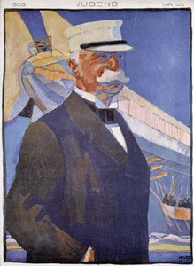 Retrato de Zeppelin em frente a um dirigível - em "Jugend". de German School
