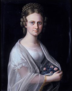 Retrato, de, um, mulher, com, rosas cor-de-rosa, em, dela, braços de German School