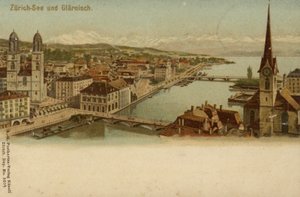 Postal representando uma visão geral da cidade de Zurique de German School