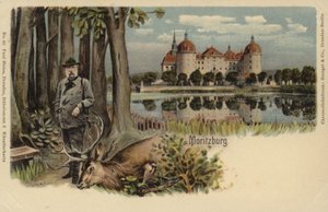 Cartão postal que descreve um homem com um tiro de veado com Moritzburg Castle no fundo de German School