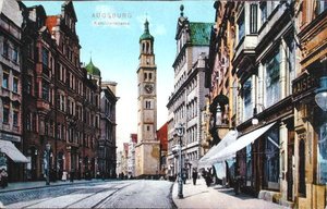 Cartão postal representando a Karolinenstrasse em Augsburg, c.1910 (foto colorida) de German School