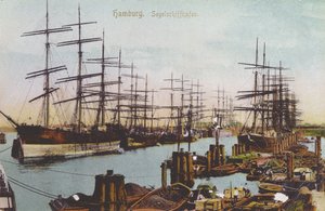 Cartão postal do porto de barco à vela em Hamburgo, c.1900 (foto colorida)