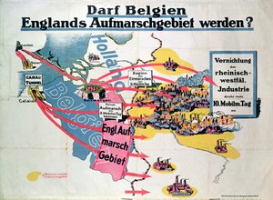 Cartaz expressando ansiedade alemã sobre a proposta de construção de um túnel do Canal da Mancha ligando Bélgica e Inglaterra, c.1914-18
